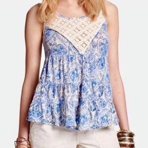 Free People Crochet Tank Medium Blue White Floral Linen Blend Tiered Boho Beach